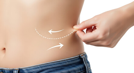 Close up of a person pinching their waist with dotted lines and arrows indicating body contouring isolated on black transparent background