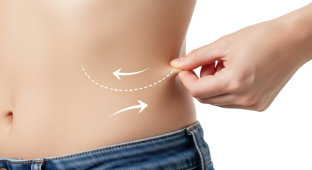 Close up of a person pinching their waist with dotted lines and arrows indicating body contouring isolated on black transparent background