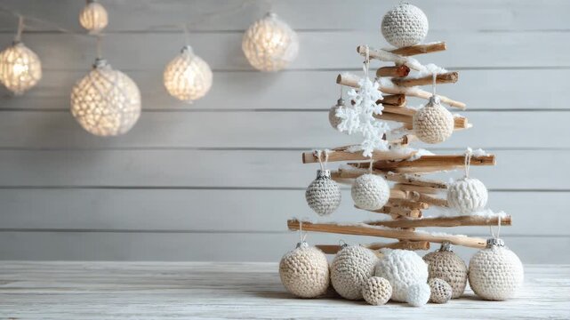 Rustic wooden christmas tree with knit ornaments and cozy lights