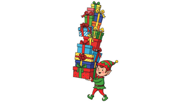 An elf carries a stack of Christmas gifts. The elf has green and red clothes and a smiling face, indicating joy and holiday spirit. The presents have different colors with ribbons
