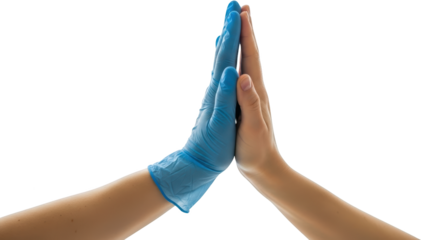Two hands making contact one wearing a blue medical glove isolate high five protection hygiene clean