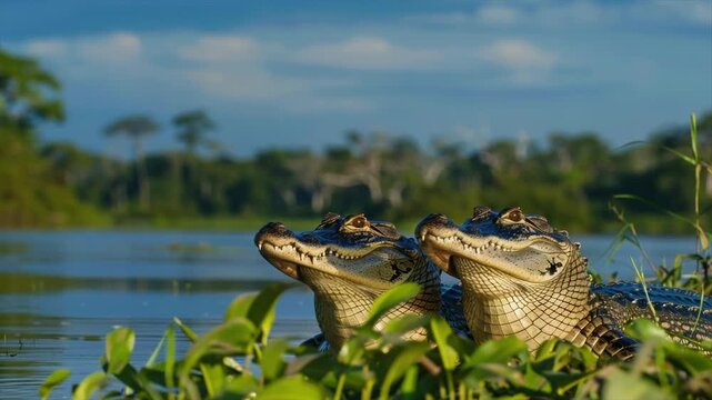 Two alligators peer from water plants in front of a lake and green tree line