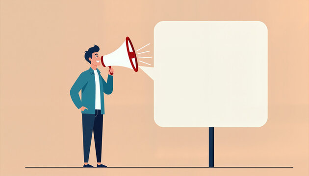 Man shouting through a megaphone in front of a blank sign  
