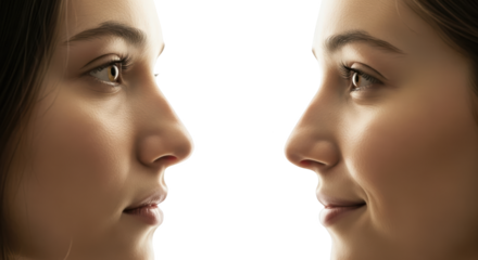 Two young women's profile faces looking away from each other showing their noses and eyes isolate people