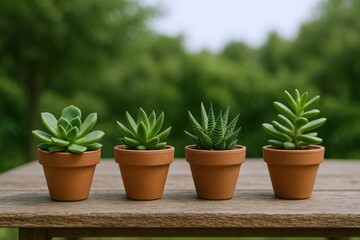 Fototapeta premium Succulent Plant Collection in Terracotta Pots on Wood Table Outdoors Offering Fresh Aesthetic