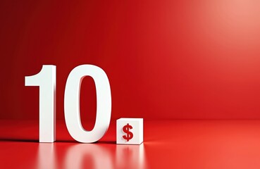 White number 10 and cube with dollar symbol on red background. Simple design for sale promotion advertising. Great for special offers discounts.