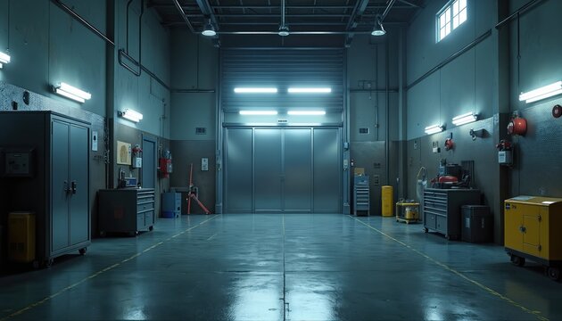 Modern auto repair shop interior with large metal roll up door and tool cabinets. Service bay floor is wet and reflective, lit by fluorescent and overhead lights. Equipment and generator visible. - Powered by Adobe