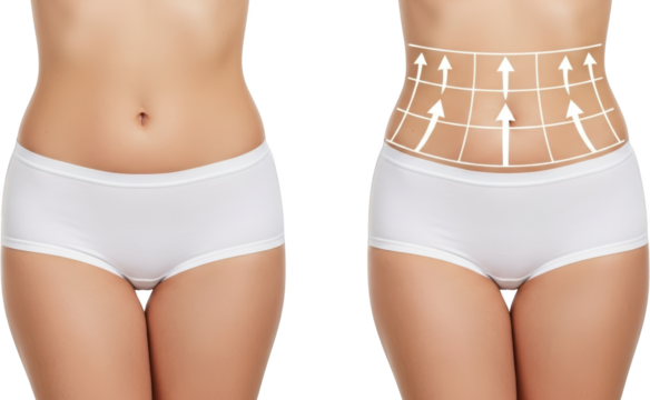 Woman's torso comparison showing body contouring grid and arrows highlighting slimming effects waist transparent background - Powered by Adobe