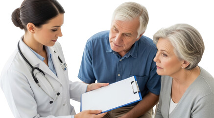 A Female Doctor Discusses Medical Results With An Elderly Couple On A Transparent Background Isolate Patient