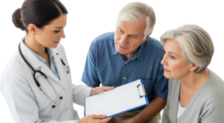 A Female Doctor Discusses Medical Results With An Elderly Couple On A Transparent Background Isolate Patient