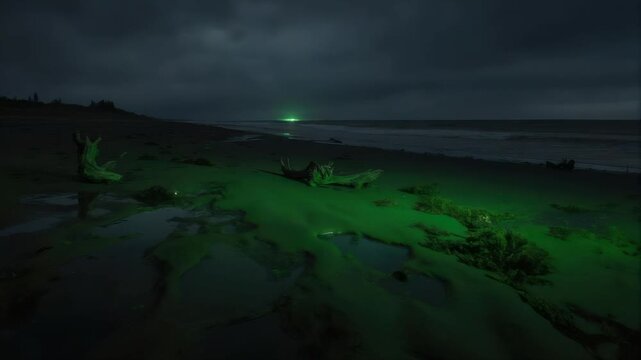 A night scene depicts a dark beach with green algae & washed-up wood, illuminated glow