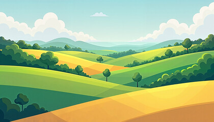 Colorful landscape with rolling hills and trees
