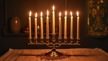 Menorah with lit candles on vintage table
