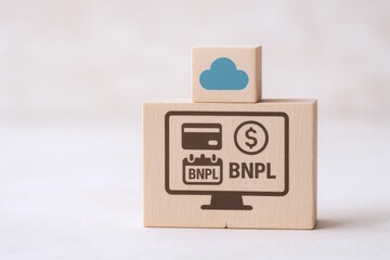 Conceptual Wood Blocks Illustrating Buy Now Pay Later, Modern Finance, and Cloud Technology