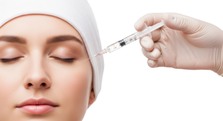 Close up of a woman's face with eyes closed receiving a cosmetic injection near her temple from a gloved hand holding a syringe isolate