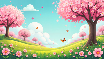Blooming cherry blossom trees with butterflies in a sunny landscape
