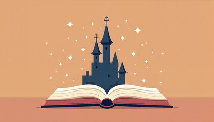 Open book with castle illustration and magical sparkles
