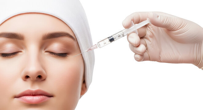 Close up of a woman's face with eyes closed receiving a cosmetic injection near her temple from a gloved hand holding a syringe isolate