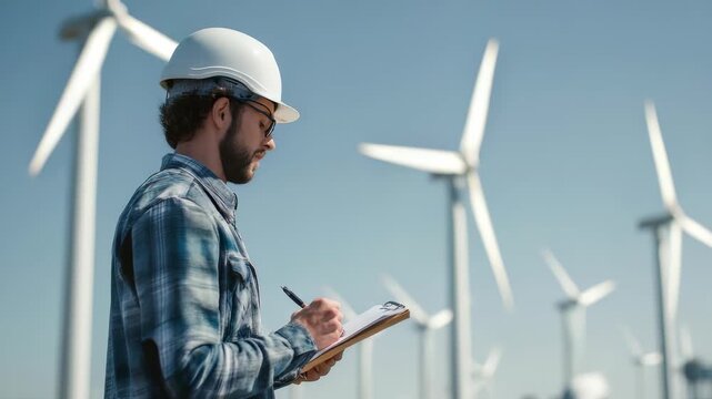 A male engineer with a clipboard observes large wind turbines in operation, ensuring optimal performance. The scene highlights clean energy technology and environmental responsibility