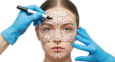 A person's face marked with lines and dots with gloved hands holding a marker ready for cosmetic surgery transparent background