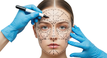 A person's face marked with lines and dots with gloved hands holding a marker ready for cosmetic surgery transparent background