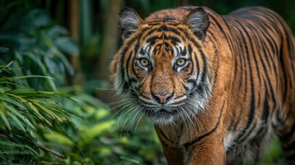 Obraz premium Majestic Sumatran Tiger Portrait: Intense Gaze, Wild Beauty in Natural Habitat with Lush Greenery