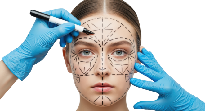 A person's face marked with lines and dots with gloved hands holding a marker ready for cosmetic surgery transparent background - Powered by Adobe