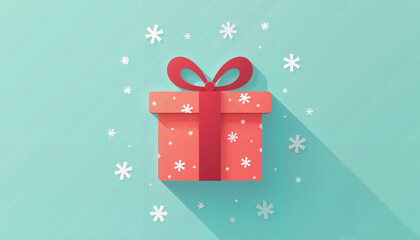 Colorful gift box with snowflakes on teal background  
