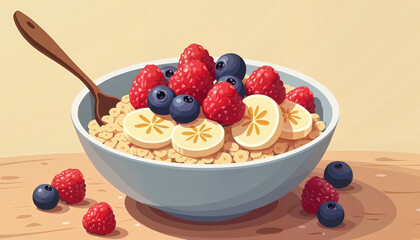 Bowl of oatmeal with raspberries and blueberries
