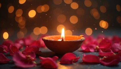 Burning diya in clay pot surrounded by red flower petals. Soft bokeh lights in background create festive mood. Offers space for text and wishes.