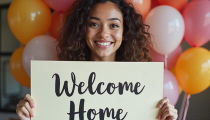 Smiling woman holding welcome home sign with colorful balloons
