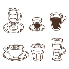 Hand drawn coffee drinks doodle set. Outline vector illustration for cafe and barista designs