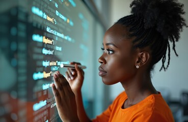 Young african american woman in glasses writes code on a large interactive screen. She is teaching a lesson in computer programming at school or university. Intelligent student learns IT.
