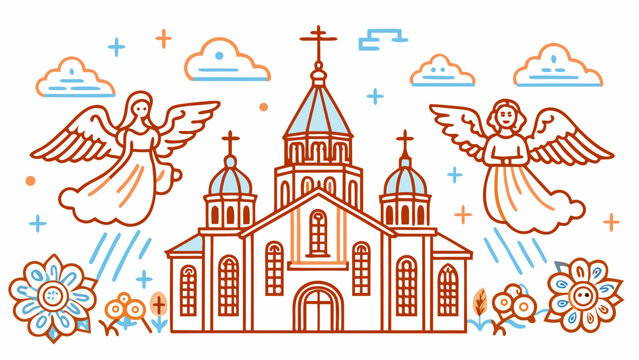 God's temple with angels - vector illustration of a church, a religious symbol of faith and spirituality