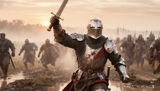 Caballero con armadura completa liderando la carga de un ejército medieval en un campo de batalla 