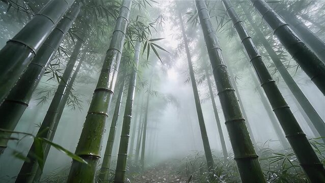 Denso bosque de bambú verde envuelto en una espesa niebla matutina