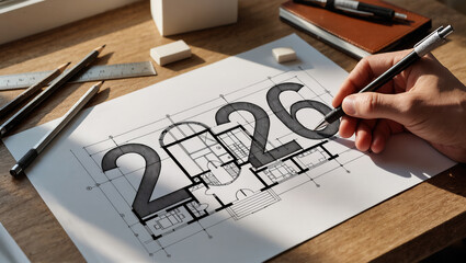 Hand drawing architectural blueprint with 2026 design year highlighted.