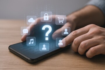 Person using mobile phone with question mark and application icons, seeking assistance and information