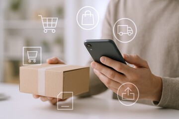 Online Shopping and Delivery: Man Holds Package and Uses Smartphone for E-commerce Transactions