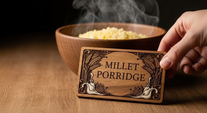 Millet Porridge in Bowl with Iroko Wood Plaque &ndash; Millet Sheaf & Milk Swirl Motifs, Humble Sustaining Light