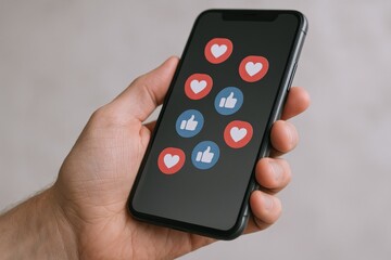 Close-up of a hand holding a smartphone displaying like and heart icons symbolizing social media engagement