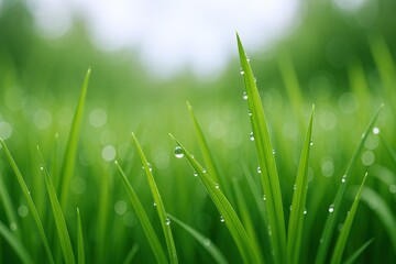 Fototapeta premium Fresh Green Grass Blades with Water Droplets Sparkling in the Morning Light, Capturing the Essence of Nature