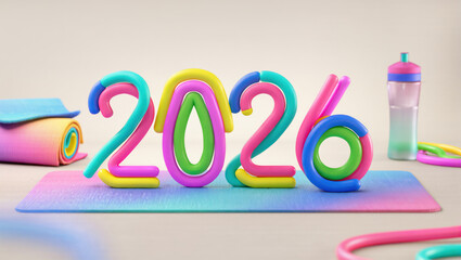 Fototapeta premium Colorful 2026 fitness theme with bright yoga mat and bottle.