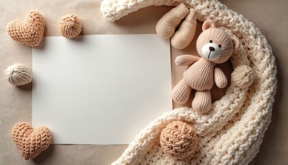 Flat lay composition with blank card, teddy bear, knitted hearts and balls. Baby shower or birth announcement flat lay with neutral theme baby accessories. Mockup for new born gift.