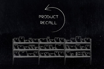 product recall text with circular backward arrow above warehouse shelves full of boxes