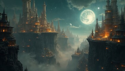 Obraz premium Surreal flying city with tall spires and glowing windows sits on high cliffs. Moon and stars illuminate the night sky over a mystic landscape. Fantasy architecture rises from the mist below.
