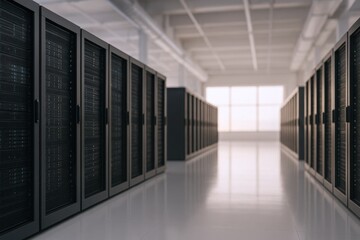 Server room interior showcasing data storage systems, infrastructure and high-performance computing in a modern facility