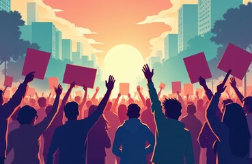 People protest in city at sunset holding signs. Activists rally together raising hands in air. Demonstration shows unity and hope for change.