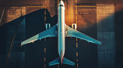 Airplane landing on runway casts soft shadows in the early morning light Generative AI