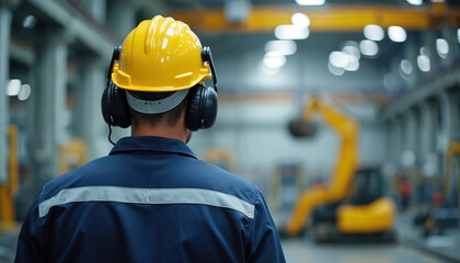 Worker in yellow hard hat and ear muffs stands inside manufacturing plant. Industrial machinery and equipment visible in background. Safety gear worn by person.